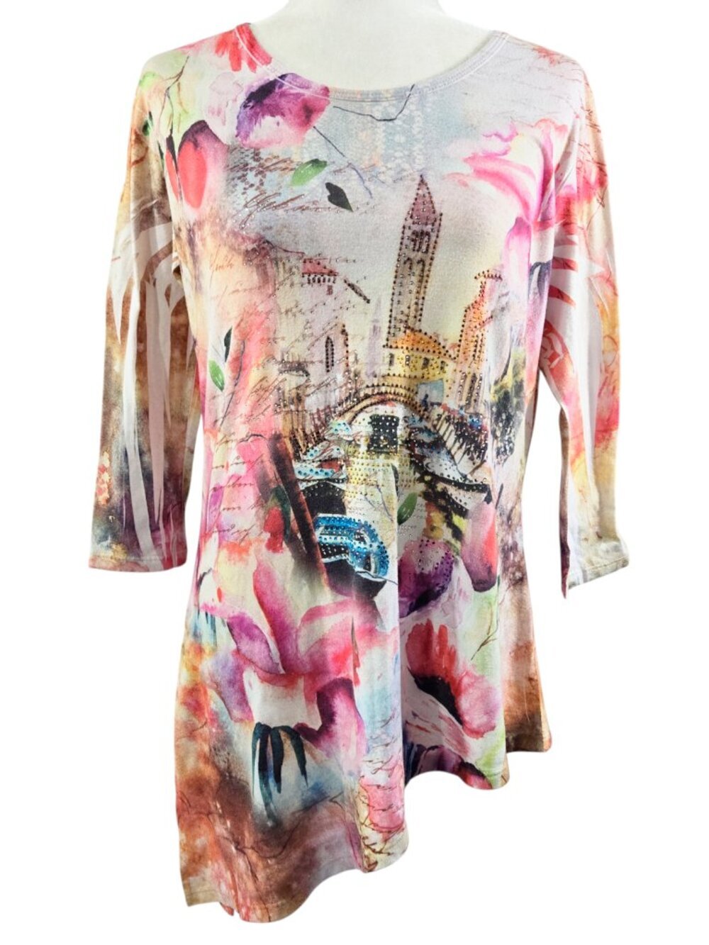 Jess & Jane Venice Alley Floral Watercolor Beaded Top Artsy Art to Wear Romantic